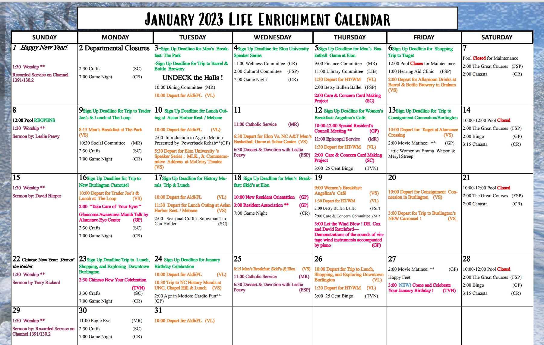 January 2023 Activities Calendar The Village at Brookwood